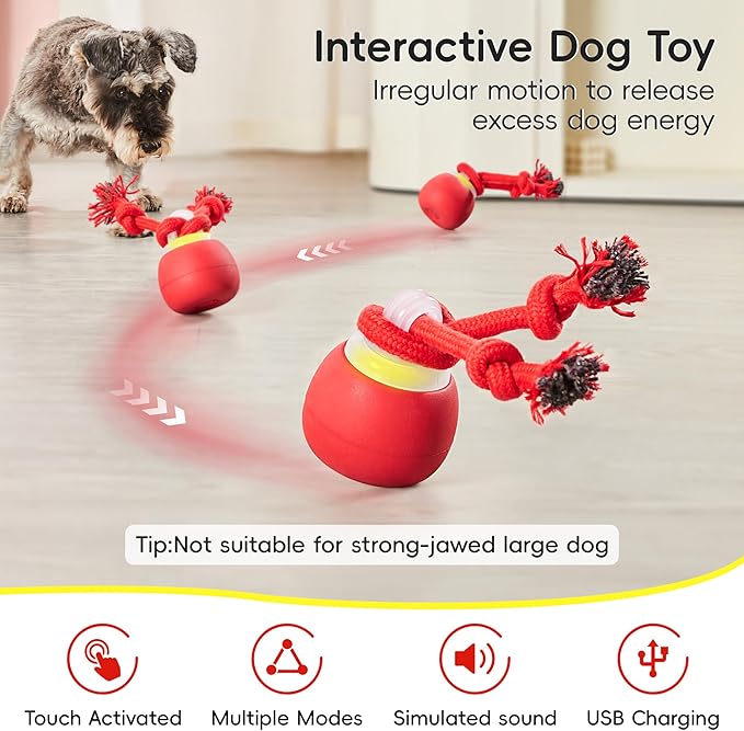 Potaroma Interactive Dog Ball Toys Touch Activated, Rechargeable, Squeaky Dog Toy, Moving Ball for Pup with Rope for Medium Small Dogs Puppy Dark Red