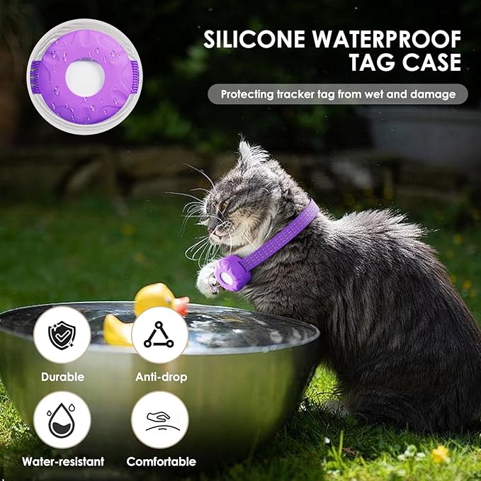Cat Tracker, GPS Tracker Compatible with Apple Find My App(Only iOS), Waterproof Cat Tracker Collar with Bell and Safety Elastic Buckle, No Monthly Fee Pet Trackers for Vehicles, Pets, Kids (Purple)