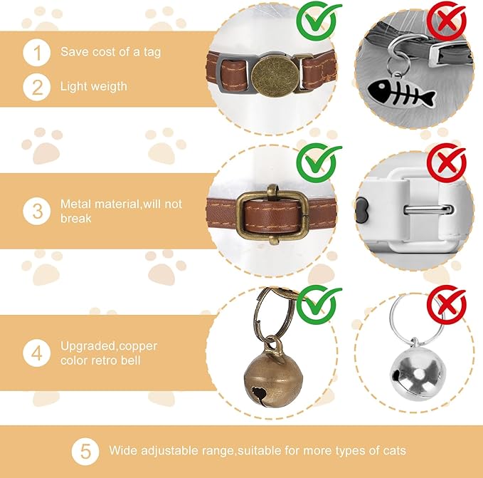 2 Pcs PU Leather Cat Collar Breakaway with Bell, Personalized Adjustable Cat Collars Retro Collars Pet Leather Collar with Quick Release Buckle for Cats Kittens