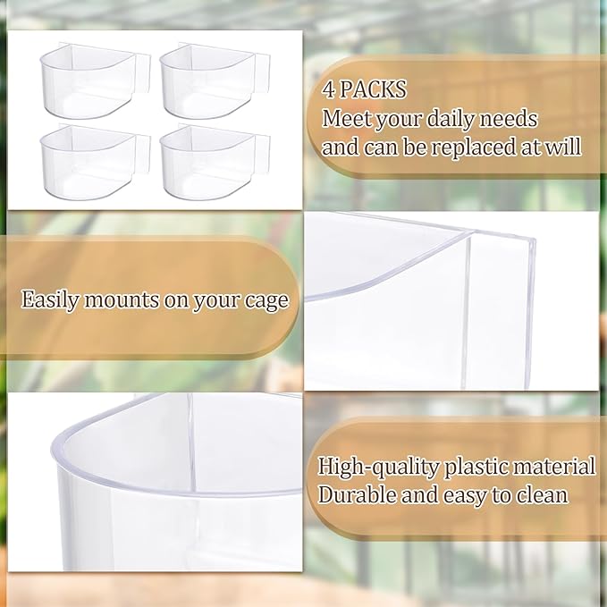 LemonRoad 4 Pcs Bird Cage Feeder Food Water Feeder for Cage Feeding Drinking Bowl Seed Container Dishes Birdcage Tray Replacement Clear Thick Food Trough Box Accessories for Bird Parrot Pigeon Chicken
