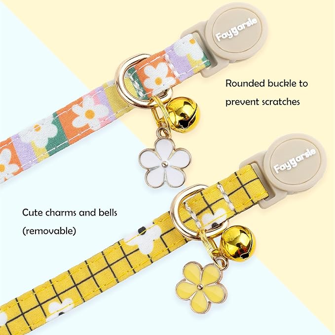 Faygarsle 2 Pack Striped Plaid Floral Pattern Cat Collars Breakaway Safety Collar with Bell Spring Summer Design for Girl Cats,Yellow Multicolor
