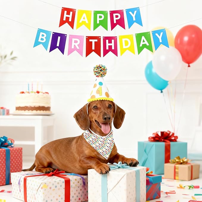 Dog First Birthday Party Decorations, Adjustable Dog Bandana Set with Hat, Numbers, Banner for Pet Party Supplies Festive Accessories Large Medium Small Pet Puppy Dogs, Color
