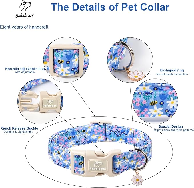 Floral Dog Collar for Large Dogs - Cute Spring Dog Collars, Soft Lightweight Bee & Daisy Puppy Collar, Breathable Adjustable Male Female Blue Wildflowers Dogs Collars XL