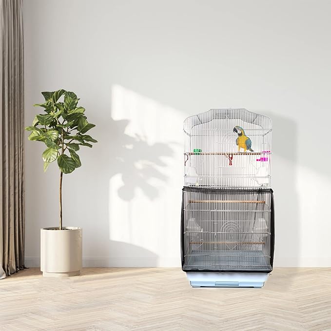 Daoeny Universal Bird Cage Cover, Adjustable Parrot Nylon Airy Soft Mesh Net, Seed Feather Catcher, Birdcage Cover Skirt Sheer Guard for Parakeet Macaw Round Square Cages (Black)