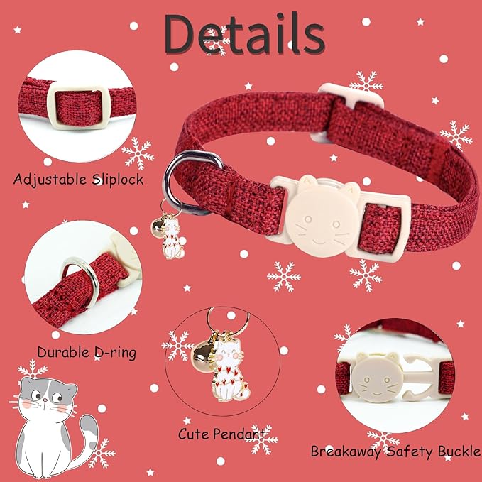 Christmas Cat Collar-2 Pack Cat Collar Red and Green Linnet with Kitten and Bell Pendant Safety Buckle Adjustable Pet Collar Suitable for Cats Gift to Cats and Small Pets