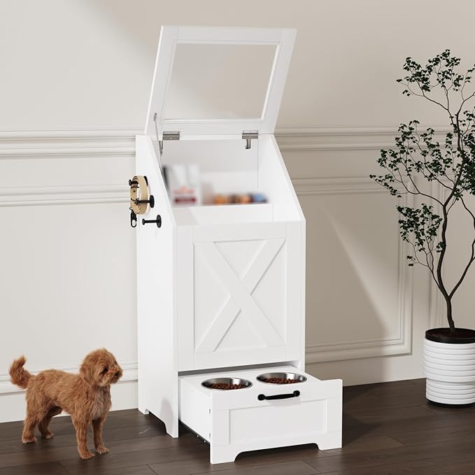 Dog Feeding Station with Storage Cabinet and 2 Elevated Dog Bowls, Hidden Pet Food Storage Organizer for Dog &Cat,Modern Dogs Furniture (White)