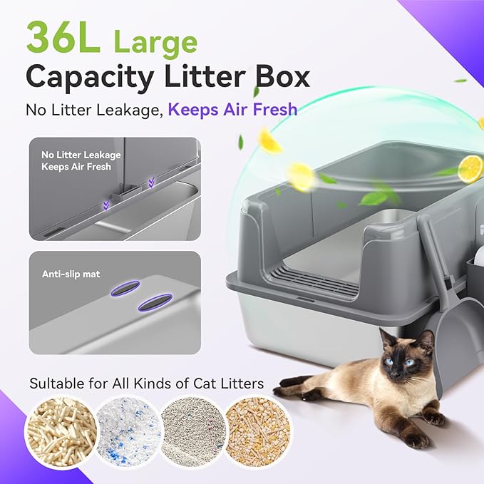 2 Pack Stainless Steel Litter Box, XL Enclosed Cat Litter Boxes, Metal Litter Pan with High Sides Odor Free Non Sticky Easy Cleaning, Grey