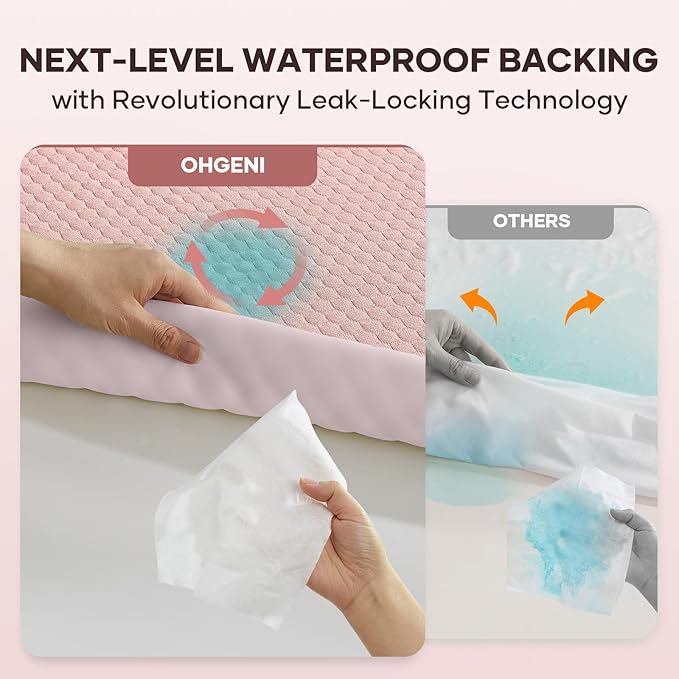 OhGeni 100% Waterproof Mattress Protector,Queen Size Mattress Soft Pad,Pet Hair & Bedwetting Resistant,Cooling Breathable Fitted Sheets,Washable Bed Cover,Non-Slip Deep Pocket,Noiseless,Pink