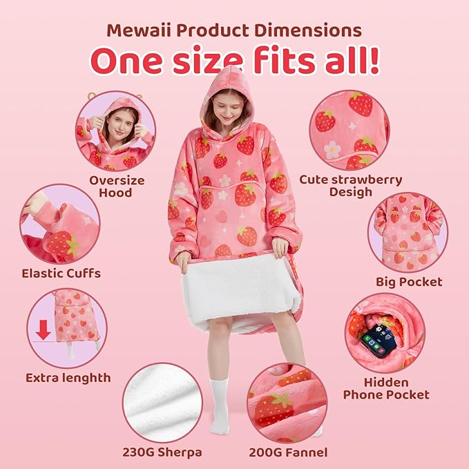 Mewaii Wearable Blanket Hoodie for Adults, Warm Sherpa & Soft Flannel Long Sweatshirt with Giant Pocket, Cozy Gifts for Women