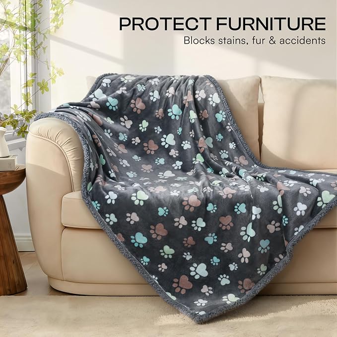 Luciphia Waterproof Pet Blankets for Couch Sofa Bed Cover Cat Liquid Pee Proof Washable Soft Fluffy Large Dog Blanket Reversible Furniture Protection Puppy Grey Paw Thicken Small（40" x 28"）