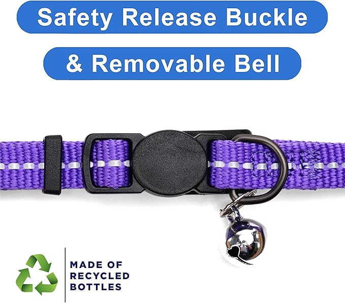 Pawtitas Recycled Purple Reflective Cat Collar – Eco-Friendly Breakaway Safety Buckle, Adjustable Kitten & Adult Collar with Removable Bell and High-Visibility Strap