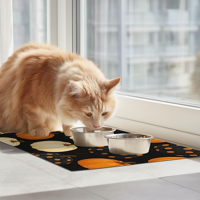 Fall Pumpkin Pet Feeding Mat Thankgiving Theme Dog and Cat Food Mat Non Slip Pet Bowl Mats with Leopard and Polka Dot Pumpkin Design for Autumn Home Kitchen Cat Accessories 24" x 16"