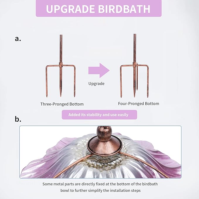 MUMTOP 31 Inch Height Glass Birdbath Birdfeeder with Metal Stake Garden Yard Outdoor Pink