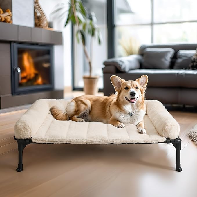 Veehoo Orthopedic Elevated Dog Bed with Fluffy Plush Bolster Cushion, Indoor Raised Dog Beds for Large Dogs, Soft Pet Sofa Cot with Removable Washable Mat, No-Slip Feet, 32 x 25 inches, Cream White