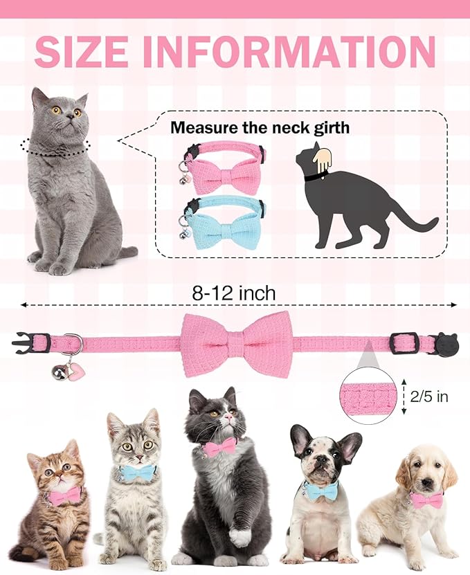 Cat Collar Breakaway with Bells, Soft Cotton Pink Cat Bowtie Collar for Girl Cats, Small Cats Collar with Bow for Spring Summer, 2 Pack Cute Kitten Collars with Removable Bowtie 8-12Inch