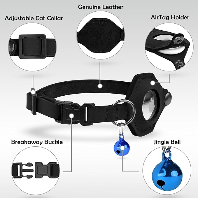 Breakaway Airtag Cat Collar with Removable Bell - Leather Pet Collar with Apple Air Tag Holder - Adjustable GPS Collars for Girl Boy Cats Kitten Puppy - Lightweight, Cute and Comfortable (Black)