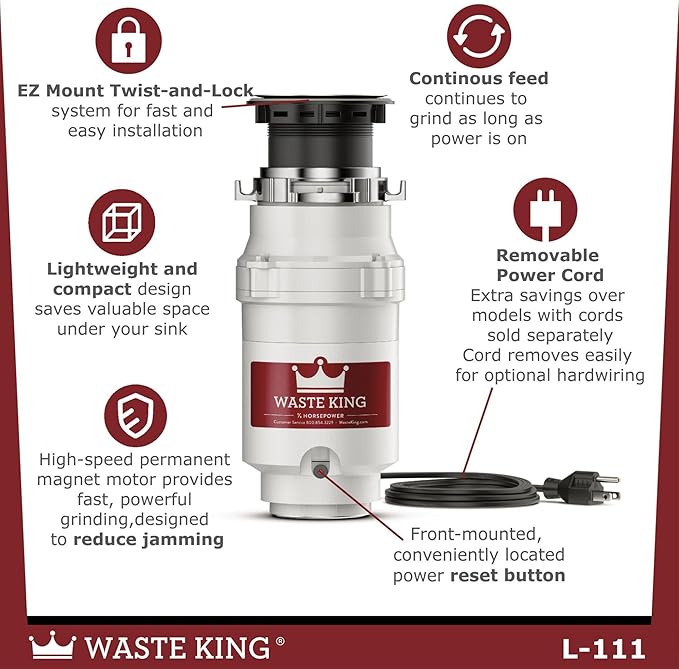 Waste King Garbage Disposal for Kitchen Sink with Power Cord,Compact Food Waste Disposer,L-111,(Pack of 2)
