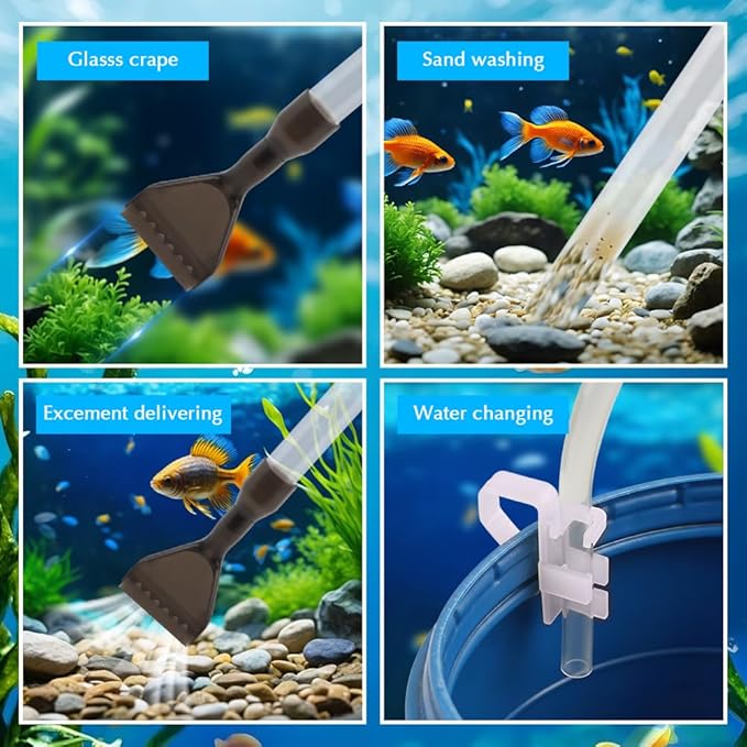 Aquarium Gravel Cleaner, Fish Tank Cleaner Kit, Aquarium Manual Press Noiseless Water Changer, Including Net,Thermometers & Cleaning Accessories for Fish Tank Maintenance