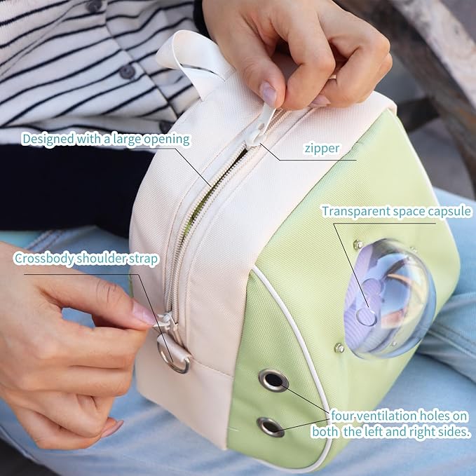 Hamster Carrier, Suitable for Sugar Gliders, Rats, Parrots and Other Small Pets, Breathable Bird Backpack with Transparent Spacecraft (Green)