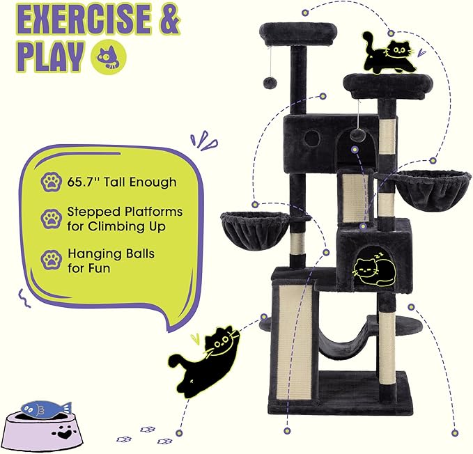 WEEWAY Cat Tree Tower for Indoor Cats,65'' Multi-Level Cat Furniture Activity Center,Stand House Condo Cave,Sisal Scratching Posts Ramps,Plush Perches Platforms Basket Hammock, Dark Grey