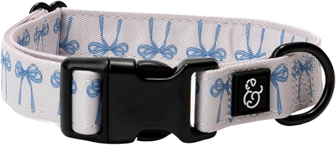 Lucy & Co. Dog Collar - Durable Lightweight Designer Collar for Pets - Adjustable Metal Safety Buckel - Small - White with Blue Bows