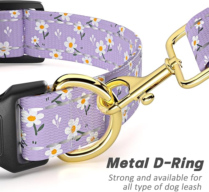 Reflective Dog Collar for Extra Small Dogs, Cute Flower Theme Adjustable Heavy-Duty Nylon Puppy Collar for Boy and Girl Female, Soft Pet Accessories with Quick Release Buckle, Purple White