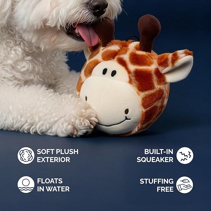 Pet Lou 4 Inch EZ Squeaky Giraffe Ball Dog Plush Toy, Stuffing-Free Soft Plush, Durable Bouncy Squeaker Ball, Floats in Water, Small & Medium Breed Chew Toys