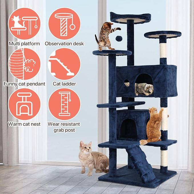54in Cat Tree Cat Climbing Tower with Scratching Post, Cats House Perch Kitten Tree Condo Wood Playhouse, Pet Trees Tower for Indoor Cats, Navy Blue