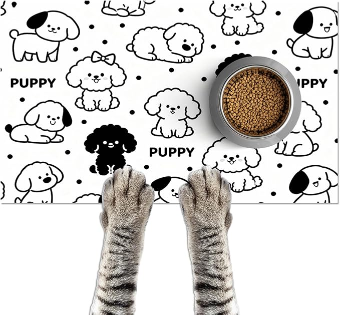 Puppy Pattern Pet Feeding Mat 24x16 Inch Cute Pet Feeding Area Mat Pet Food Mat Pet Mats for Food and Water Dog Mat for Food and Water Indoor Feeding Corner Kitchen Floor Decor