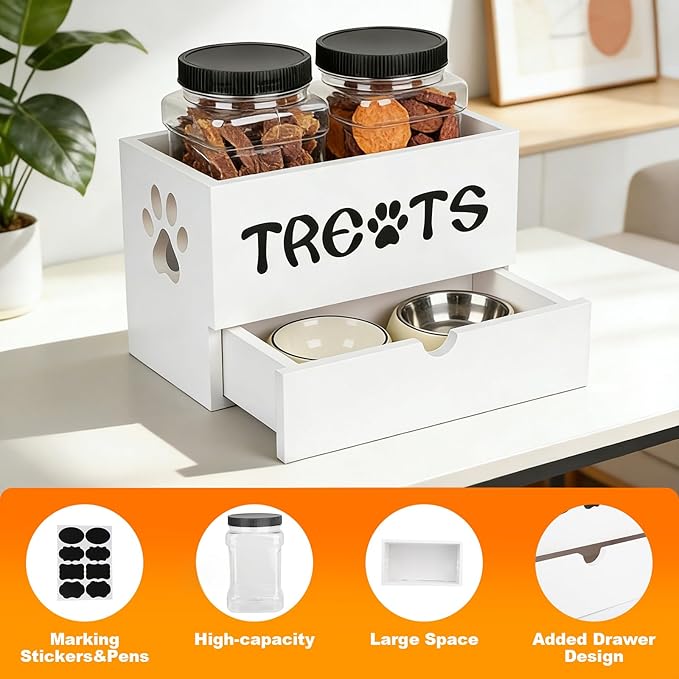 Dog Treat Jar for Countertop, 9.8 * 5.1 * 6'' 2 Layer Dog Treat Container with Drawer 2Jars and Sticker Wooden Pet Food Organizer Storage Basket For Pets Great Gift for Pets' Owners (White)