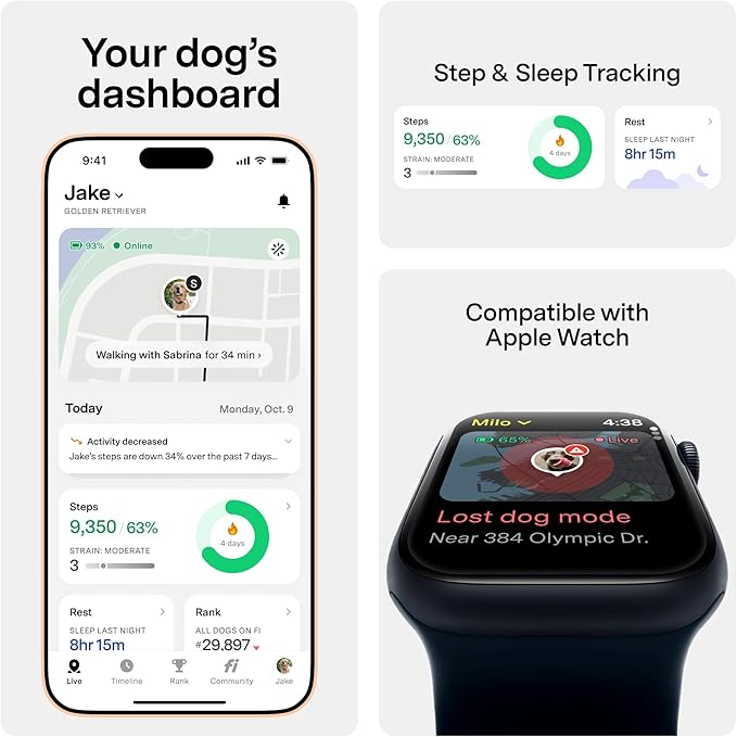 New Fi Series 3+ Smart Dog Tracker Collar [6 Month Membership Included] GPS Tracker for Dogs with Health & Behavior Monitoring, Escape Alerts, Waterproof, LED, Apple Watch Compatible (Blue, X-Large)