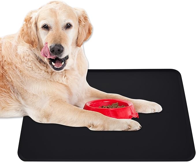 Dog Food Mat, Silicone Dog Cat Bowl Mat, Non Slip Pet Feeding Mat Waterproof Dog Placemat for Small Animals (18.5"x11.8", Black)