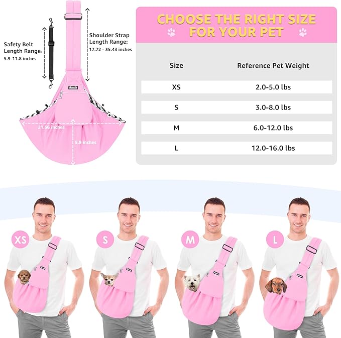 SlowTon Dog Carrier Sling - Thick Padded Shoulder Strap Adjustable Dog Carriers for Small Dogs, Puppy Carrier Purse for Pet Cat with Front Zipper Pocket Safety Belt Machine Washable (PI, S)