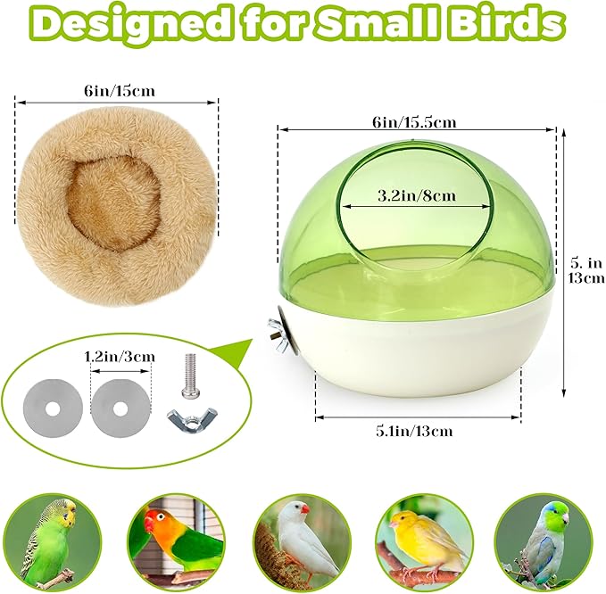 Bird Nest for Cage Bite-Resistant, Washable Clear Observation Small Bird House Hanging, Warm Birds Bed Plush Hut, Parakeet Nest to Lay Eggs Breeding Sleeping for Budgie Lovebird Canary (Green, Clear)