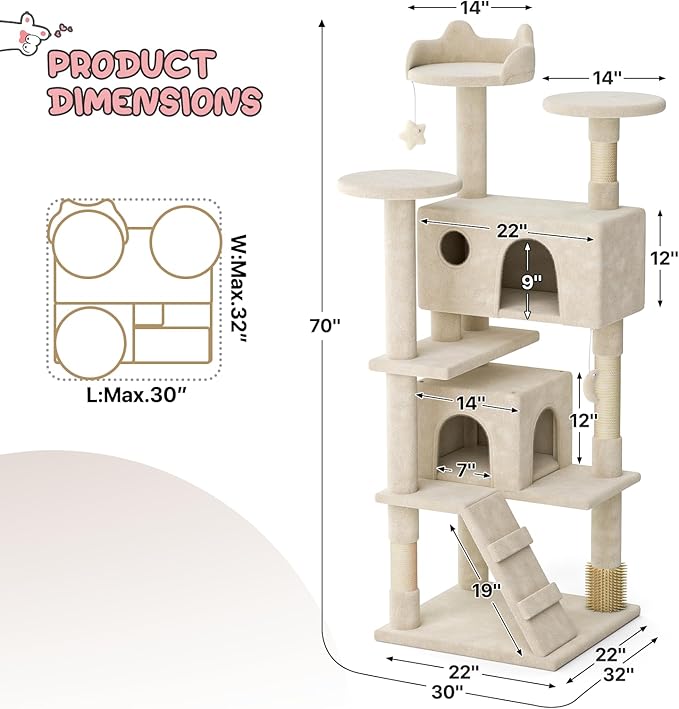 MoNiBloom 70 Inch Cat Tree Tower for Indoor Cats Large Adults, Tall Cat Tower with Scratching Post, Multi-Level Furniture Activity Center with Cat Condo Pet Play House, Beige
