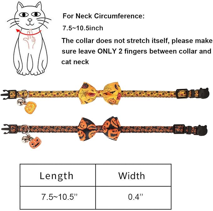 ADOGGYGO Halloween Cat Collars with Bow Bell, Black Orange Pumpkin Bowtie, Breakaway Halloween Collars for Cats Kittens