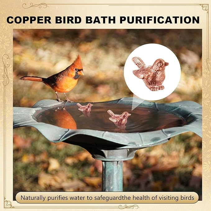 Moxweyeni 4 Pcs Mini Bird Shape Copper Bath Disk Ornaments Copper Bird Bath Purification Disks Birdbath Cleaner Single 0.6 oz Weight Universal Fit for Outdoor Birdbaths, Bowl