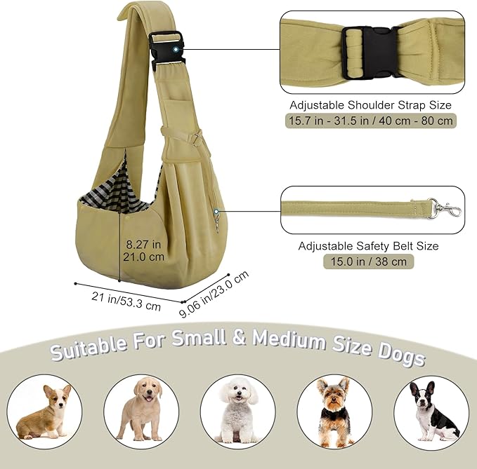 PETLOFT Reversible Dog Cat Sling Carrier, Small Dog Carrier, Adjustable Dog Sling, Hands Free Cross Body Carrier with Collar Hook for Dog/Cat/Bunny up to 11lb(Khaki)