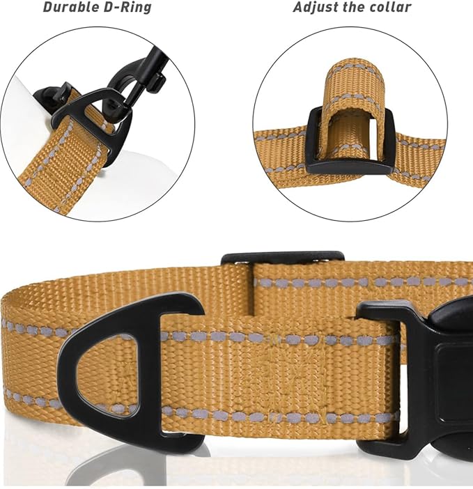 TagME Reflective Nylon Dog Collars, Adjustable Classic Collar with Quick Release Buckle for Large Dogs, Khaki, 1.0" Width
