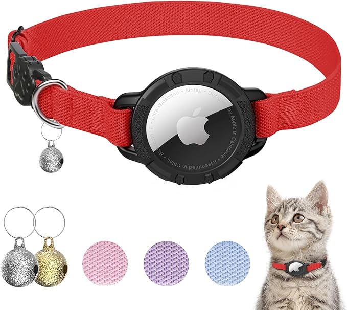 AirTag Cat Collars, Stretchy Collar with Apple AirTag Holder and Bell, Breakaway Ultra Design Elastic GPS Tracking Collars for Cats and Puppies, (7.5-12.5 Inch), Red