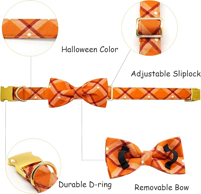 Fall Dog Collar, Pet Collar Bow Orange Plaid Collars Girl Boy Holiday Pet Collars Gift Bow Dog Collar Cute Soft Puppy Collars for Large Dogs