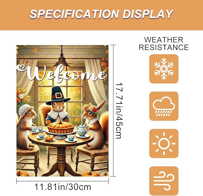 Welcome Garden Flag Autumn Garden Flag Adorable Squirrels Tea Party Decorative Garden Flags Pumpkin Pie Festive Fall Scene Outdoor Yard Banner 12x18 Inch Double Sided Home Accent