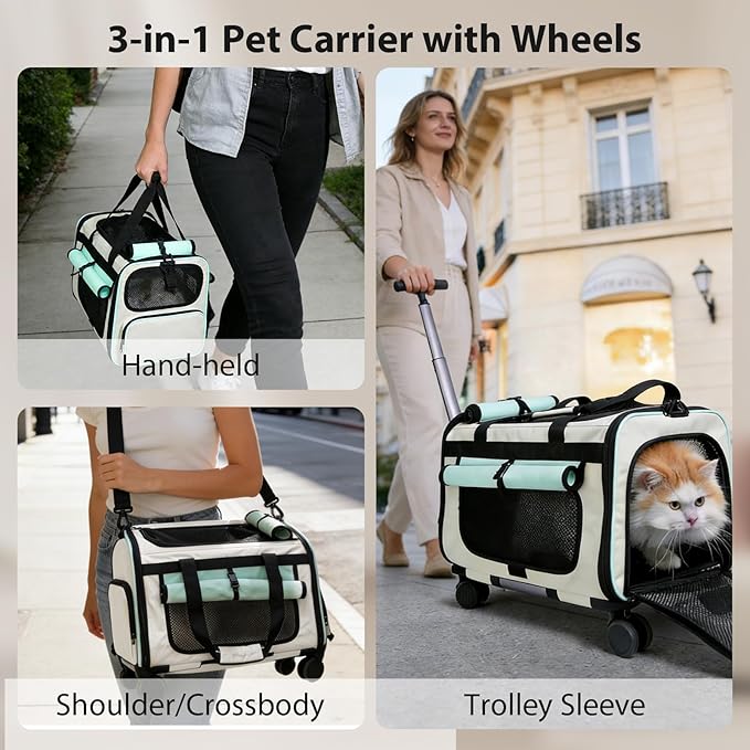 Expandable Pet Carrier with Wheels for Small Dogs and Cats,Airline Approved Rolling Cat Carrier with Removable Platform,18”X11”X14”,Foldable Soft-Sided Travel Bag Fits Under Seat,Up to 16 lbs(Blue)