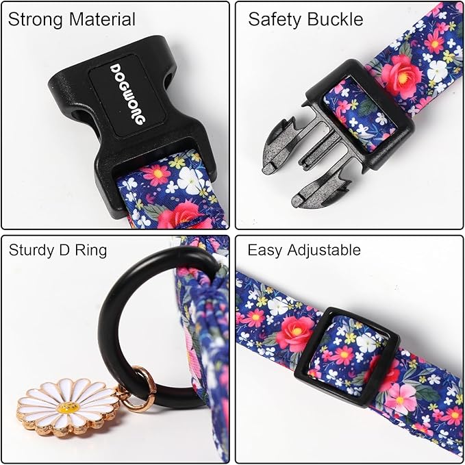 DOGWONG Blue Flower Dog Collar, Cute Adjustable Floral Collar, Girl Female Dog Collar with Strong Plastic Buckle for Small Medium Large Dogs,M