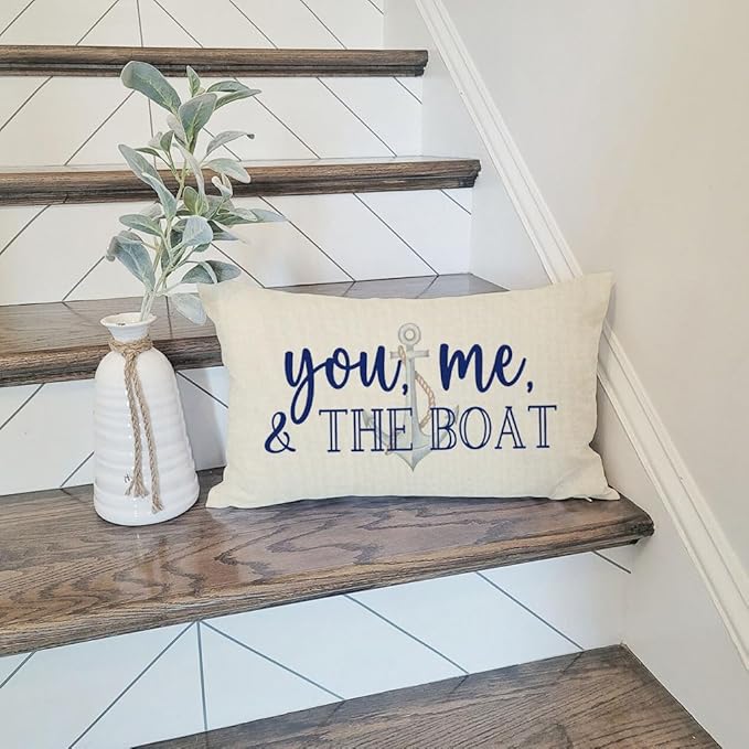 PANDICORN Lake Throw Pillow Cover 12x20 Inch Blue Words You Me and The Boat Ocean Sea Coastal Outdoor Spring Summer Decorations Lumbar Decorative Throw Pillow Case for Home Living Room Couch Decor