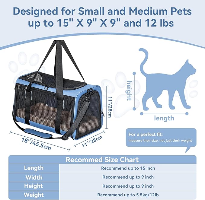 PETSFIT Soft-Sided Cat Carrier with Patented Safety Buckles, Lockable Zippers & Safety Tether,Escape-Resistant Travel Pet Carrier for Car Rides & Vet Visits, Airline Approved Under-Seat, Up to 12 lbs
