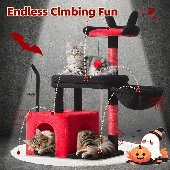 Taoqimiao MS043BR Cat Tree, 32.2-Inch Cat Tower for Indoors Cats, Cat Condo with Large Cat Perch, Spacious Cat Cave, Scratching Posts for Small and Medium Cats, Black and Red