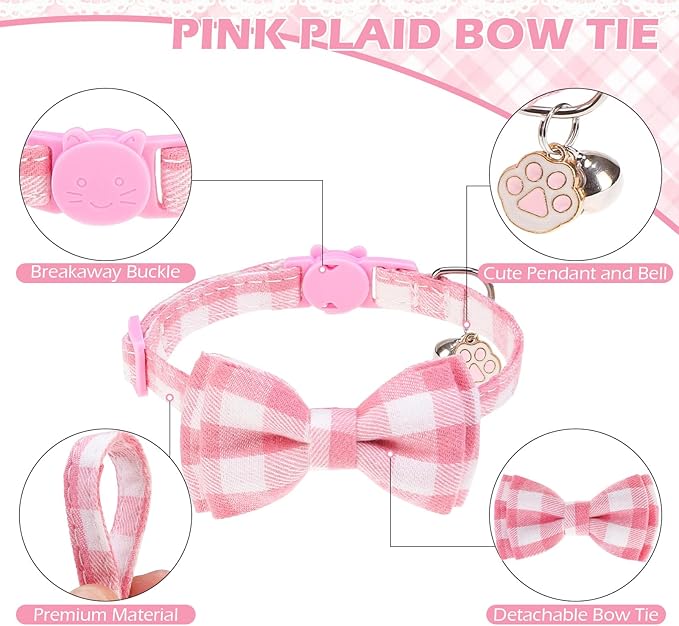 EXPAWLORER Cute Cat Collar Breakaway with Bells - 2 Pack Adjustable Plaid Pet Collar with Removable Bow Tie and Bandana, Safety Buckle for Girl Boy Cats Kitten, Pink Plaid