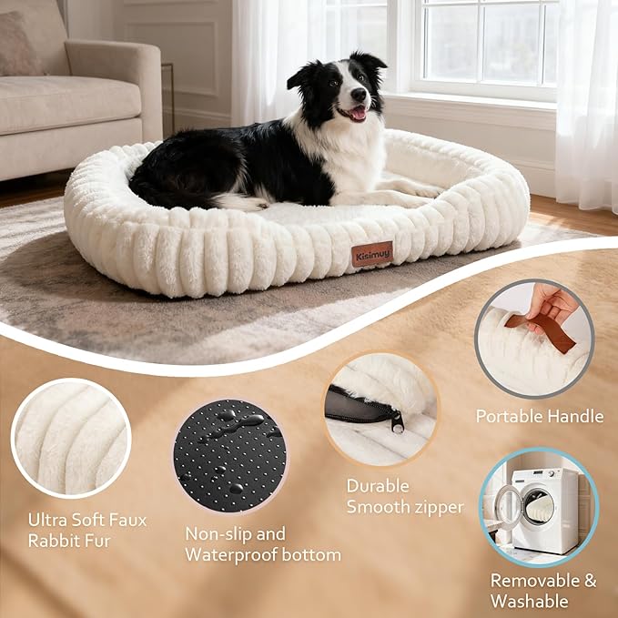 Washable Dog Bed for Extra Large Dogs - XL Soft Plush Furry Calming Dog Bed with Removable Zipper Cover, Orthopedic Rectangle Anti-Anxiety Pet Kennel Bed with Handle, 43x31x5inches, Cream
