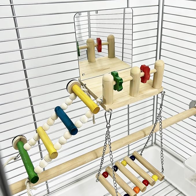 Bird Toys & Wooden Play Gym with Bird Mirror - Parakeet Toys & Cage Accessories for Cockatiels, Lovebirds, Budgies, Finch, Canaries